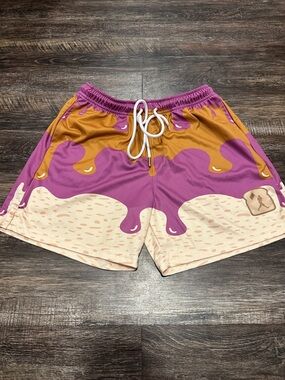 Baseballism Novelty Drip Print PB&J Shorts in Purple & Gold